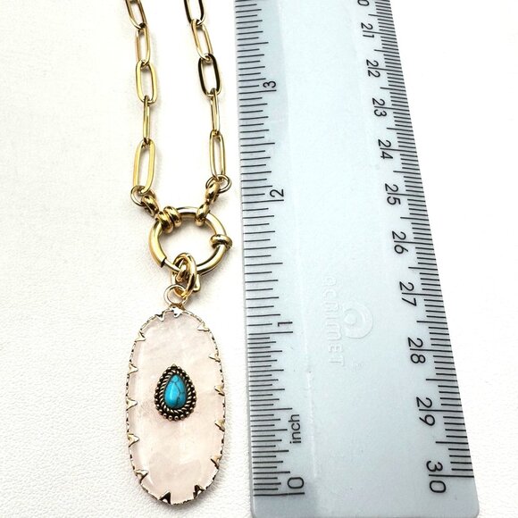 Rose Quartz Turquoise Gemstone Pendant Necklace 18K Gold Plated Chain 17 Inch - Picture 8 of 8